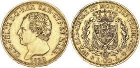ITALIE
Savoie-Sardaigne, Charles-Félix (1821-1831). 80 lire 1829, ancre, Gênes. Fr.1133 ; Or - 25,72 g - 33 mm - 6 h
TTB.
