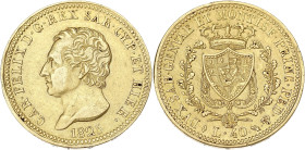 ITALIE
Savoie-Sardaigne, Charles-Félix (1821-1831). 40 lire 1825, Turin. Fr.1134 ; Or - 12,8 g - 26 mm - 6 h
Anciennement nettoyé. TTB.