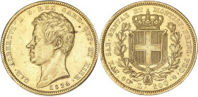 ITALIE
Savoie-Sardaigne, Charles-Albert (1831-1849). 100 lire 1834, Tête d’aigle, Turin. Fr.1138 ; Or - 32,18 g - 34 mm - 6 h
TTB.