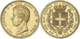 ITALIE
Savoie-Sardaigne, Charles-Albert (1831-1849). 100 lire 1835, Tête d’aigle, Turin. Fr.1138 ; Or - 32,25 g - 34 mm - 6 h
TTB à Superbe.