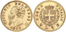 ITALIE
Victor-Emmanuel II (1861-1878). 5 lire 1863, T, Turin. Cud.1193a - P.479 - Fr.16 ; Or - 1,60 g - 17 mm - 6 h
Superbe.