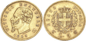 ITALIE
Victor-Emmanuel II (1861-1878). 5 lire 1863, T, Turin. Cud.1193a - P.479 - Fr.16 ; Or - 1,57 g - 17 mm - 6 h
TTB.