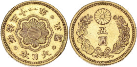JAPON
Mutsuhito ou Meiji (1867-1912). 5 yen 1898. Fr.52 ; Or - 4,10 g - 17 mm - 12 h
TTB.