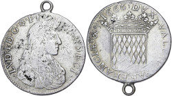 MONACO
Louis Ier (1662-1701). Écu de 3 livres ou 60 sols 1666, Monaco. G.MC60 ; Argent - 26,92 g - 40 mm - 6 h
Avec bélière soudée. Assez beau portrai...