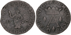 MONACO
Antoine Ier (1701-1731). Dardenne ou 8 deniers 1720, Monaco. G.MC85 ; Cuivre - 3,5 g - 23 mm - 6 h
Avec une patine marron-noire. TB à TTB.