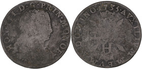 MONACO
Honoré III (1733-1795). Demi-pezzetta ou pièce de 1 sol 6 deniers 1735, Monaco. G.MC99 ; Billon - 1,96 g - 21 mm - 9 h
Axe à 9 h ! Patine sombr...