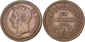 MONACO
Honoré V (1819-1841). Un décime, grosse tête 1838, Monaco. G.MC105 ; Bronze - 18,34 g - 33,5 mm - 6 h
Belle frappe régulière et faible usure de...