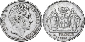 MONACO
Honoré V (1819-1841). 5 francs, variété de tranche **** DEO 1837, Monaco. G.MC107 ; Argent - 24,84 g - 37 mm - 6 h
Tranche **** DEO JUVANTE. À ...