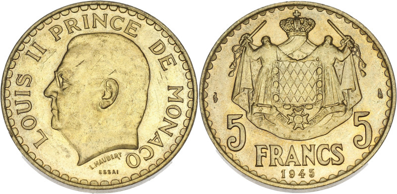 MONACO
Louis II (1922-1949). Essai de 5 francs en cupro-aluminium 1945, Paris. G...