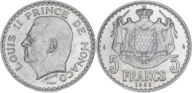 MONACO
Louis II (1922-1949). Essai de 5 francs en aluminium 1945, Paris. G.MC135 ; Aluminium - 3,82 g - 31 mm - 6 h
Seuls 1100 exemplaires frappés. Su...
