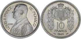 MONACO
Louis II (1922-1949). Essai de 10 francs 1945, Paris. G.MC136 ; Cupro-nickel - 6,91 g - 26 mm - 6 h
Seuls 1100 exemplaires frappés. Superbe à F...