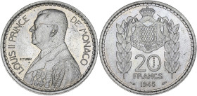 MONACO
Louis II (1922-1949). Essai de 20 francs 1945, Paris. G.MC137 ; Cupro-nickel - 10,05 g - 30 mm - 6 h
Seuls 1100 exemplaires frappés. Superbe à ...