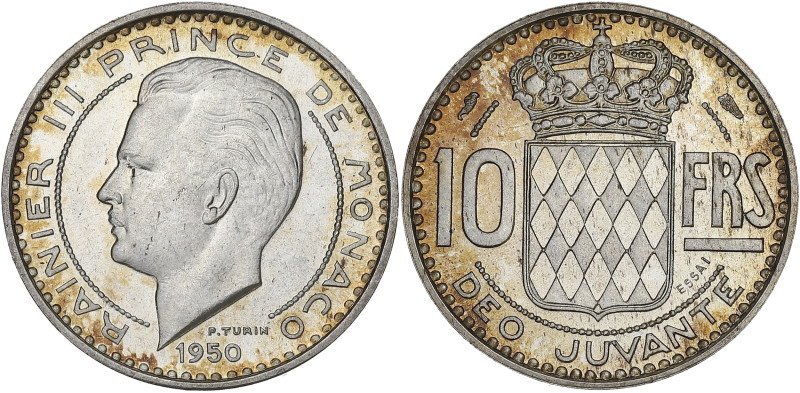 MONACO
Rainier III (1949-2005). Essai de 10 francs en argent 1950, Paris. G.MC13...