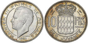 MONACO
Rainier III (1949-2005). Essai de 10 francs en argent 1950, Paris. G.MC139 ; Argent - 3,76 g - 20 mm - 6 h
Seuls 500 exemplaires frappés. Super...