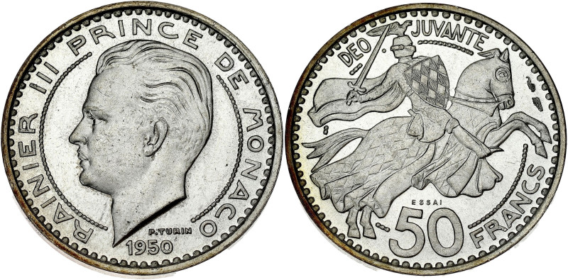 MONACO
Rainier III (1949-2005). Essai de 50 francs en argent 1950, Paris. G.MC14...