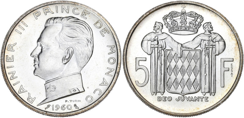 MONACO
Rainier III (1949-2005). Essai de 5 francs en argent 1960, Paris. G.MC152...