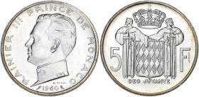 MONACO
Rainier III (1949-2005). Essai de 5 francs en argent 1960, Paris. G.MC152 ; Argent - 11,95 g - 29 mm - 6 h
Seuls 1500 exemplaires frappés. Supe...