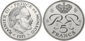 MONACO
Rainier III (1949-2005). Essai de 5 francs 1971. G.MC153 ; Cupro-nickel - 10 g - 29 mm - 6 h
Sous scellé d’origine. Fleur de coin.