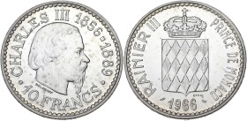 MONACO
Rainier III (1949-2005). Essai de 10 francs, centenaire de Monte-Carlo 1966, Paris. G.MC155 ; Argent - 24,94 g - 37 mm - 6 h
Flan légèrement ta...