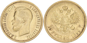 RUSSIE
Nicolas II (1894-1917). 10 roubles 1899, Saint-Pétersbourg. Fr.179 ; Or - 8,54 g - 22 mm - 12 h
TTB.