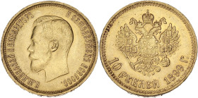 RUSSIE
Nicolas II (1894-1917). 10 roubles 1899, Saint-Pétersbourg. Fr.179 ; Or - 8,59 g - 22 mm - 12 h
Superbe.