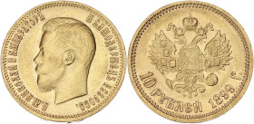 RUSSIE
Nicolas II (1894-1917). 10 roubles 1899, Saint-Pétersbourg. Fr.179 ; Or - 8,58 g - 22 mm - 12 h
TTB.