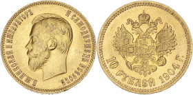 RUSSIE
Nicolas II (1894-1917). 10 roubles 1904, Saint-Pétersbourg. Fr.179 ; Or - 8,59 g - 22 mm - 12 h
Avec tout son brillant. Superbe.