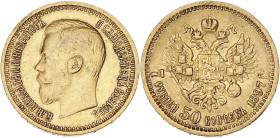 RUSSIE
Nicolas II (1894-1917). 7,5 roubles 1897, Saint-Pétersbourg. Fr.178 ; Or - 6,42 g - 21,5 mm - 12 h
TTB.