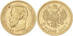 RUSSIE
Nicolas II (1894-1917). 5 roubles 1897, Saint-Pétersbourg. Fr.180 ; Or - 4,24 g - 18,5 mm - 12 h
TB à TTB.