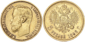 RUSSIE
Nicolas II (1894-1917). 5 roubles 1898, Saint-Pétersbourg. Fr.180 ; Or - 4,25 g - 18,5 mm - 12 h
TTB.