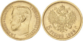 RUSSIE
Nicolas II (1894-1917). 5 roubles 1899, Saint-Pétersbourg. Fr.180 ; Or - 4,27 g - 18,5 mm - 12 h
TTB.