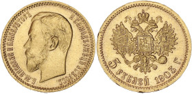 RUSSIE
Nicolas II (1894-1917). 5 roubles 1903, Saint-Pétersbourg. Fr.180 ; Or - 4,27 g - 18,5 mm - 12 h
Millésime peu commun. Superbe.