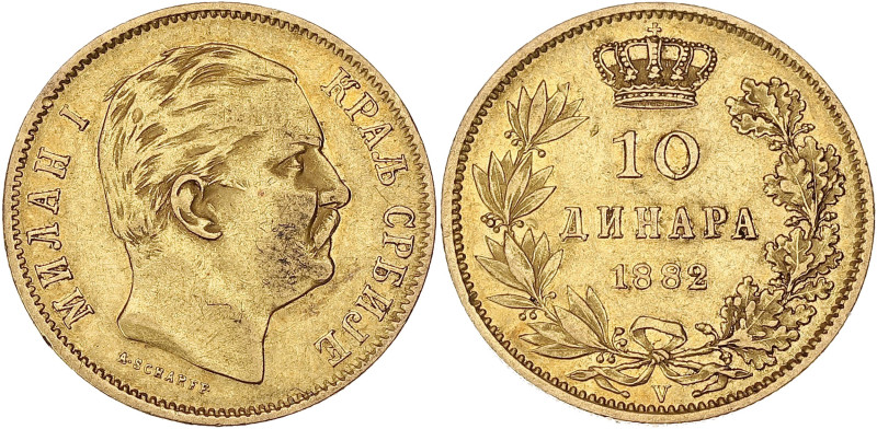 SERBIE
Milan Ier (1882-1889). 10 dinara 1882, V, Vienne. Fr.5 ; Or - 3,21 g - 19...