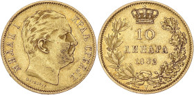 SERBIE
Milan Ier (1882-1889). 10 dinara 1882, V, Vienne. Fr.5 ; Or - 3,21 g - 19 mm - 6 h
TTB.