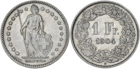 SUISSE
Confédération Helvétique (1848 à nos jours). 1 franc 1904, B, Berne. KM.24 ; Argent - 4,94 g - 23 mm - 6 h
Légèrement brossé. Usure régulière. ...
