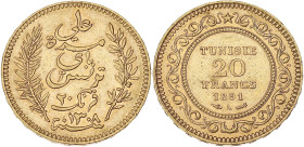 TUNISIE
Protectorat français. 20 francs 1891, A, Paris. Fr.12 ; Or - 6,45 g - 21 mm - 6 h
Beau TTB.