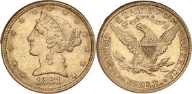 USA
République fédérale des États-Unis d’Amérique (1776-à nos jours). 5 dollars Liberty, avec devise 1881, Philadelphie. Fr.143 ; Or - 21,6 mm - 6 h
N...
