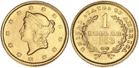 USA
République fédérale des États-Unis d’Amérique (1776-à nos jours). 1 dollar 1853, Philadelphie. Fr.84 ; Or - 1,65 g - 13 mm - 6 h
Faible usure de c...