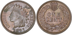 USA
République fédérale des États-Unis d’Amérique (1776-à nos jours). One cent tête d’indien 1897, Philadelphie. KM.90a ; Bronze - 3,05 g - 19 mm - 6 ...