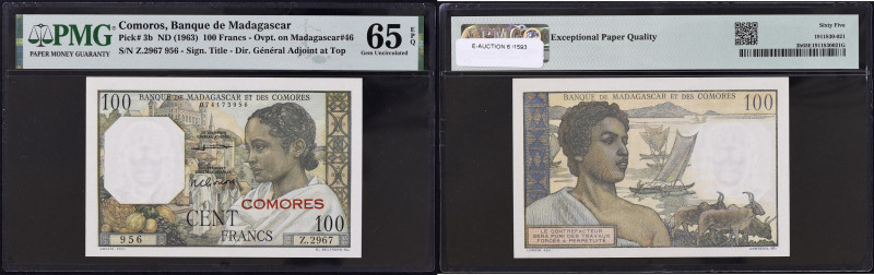 COMORES
100 Francs ND (1963). P.3b.
PMG 65 EPQ Gem Uncirculated (1911830-021). N...