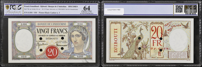 CÔTE FRANÇAISE DES SOMALIS - BANQUE DE L’INDOCHINE
20 francs SPECIMEN ND (1941)....