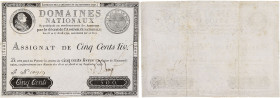 FRANCE
Assignat royal de 500 livres 29 septembre 1790. P.A40 - Ass.10f.
Signature Desrez. Faux d'époque rare exemplaire.
TB.