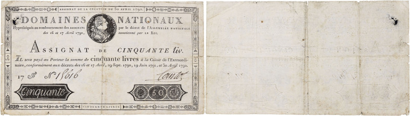 FRANCE
Assignat royal de 50 livres 30 avril 1792. P.A58 - Ass-28a.
Signature Cou...