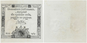 FRANCE
Assignat de 15 sols 23 mai 1793. P.A69b - Ass.41b.
Signature Buttin. Domaines nationaux.
NEUF.