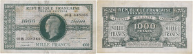 FRANCE
1000 francs Marianne type 1945. P.107 - VF.12.02.
37 exemplaires connus sur l’inventaire French Banknotes Of War (FBOW).
TB.