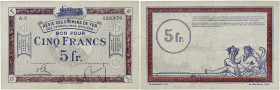 FRANCE
5 francs Régie des Chemins de Fer des Territoires Occupés (RCFTO) type 1923. HEN.06.02 - JP.135.06.
137 exemplaires dans l'inventaire.
TTB.