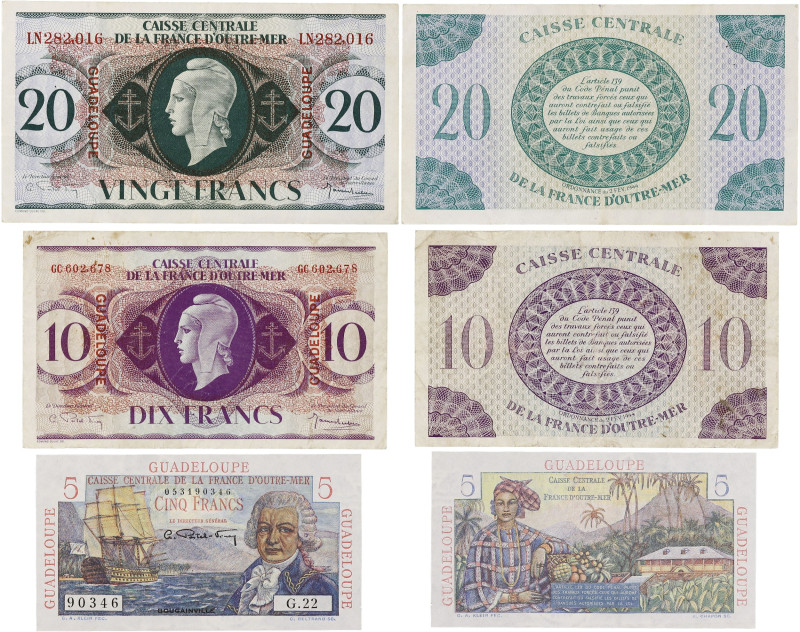 GUADELOUPE
Lot de 5,10 et 20 francs ND (1941-1946). P.31 - P.27a - P.28a.
SPL, T...