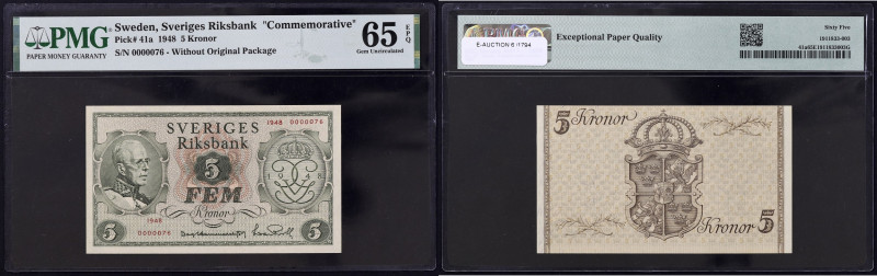 SUÈDE
5 kronor petit numéro 1948. P.41a.
Exceptionnel petit numéro 0000076 ! C’e...