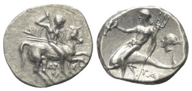 Kalabrien. Tarent.

 Didrachme oder Nomos (Silber). Ca. 272 - 240 v. Chr.
Vs: Krieger zu Pferde mit Schild und Speer nach rechts reitend; im Feld l...