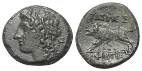 Sizilien. Akragas. Phintias (282 - 277 v. Chr.).

 Bronze.
Vs: Kopf der Akragas (oder Persephone?) mit Schilfkranz links.
Rs: Eber nach links steh...